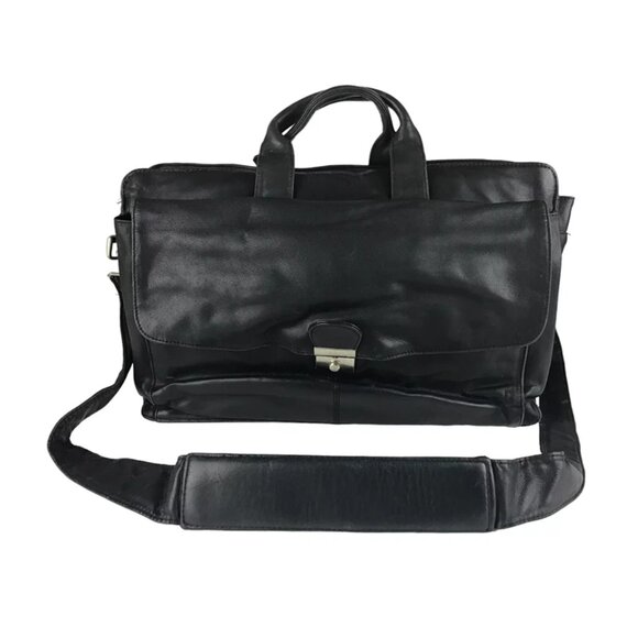 Kenneth Cole Unisex Black Leather Inner Pockets Detachable Straps Messenger Bag